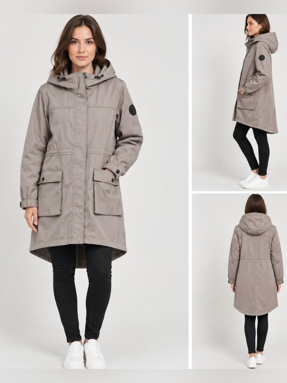 DKNY Women's Water Resistant Hooded Long Parka Raincoat Jacket Greige XXL